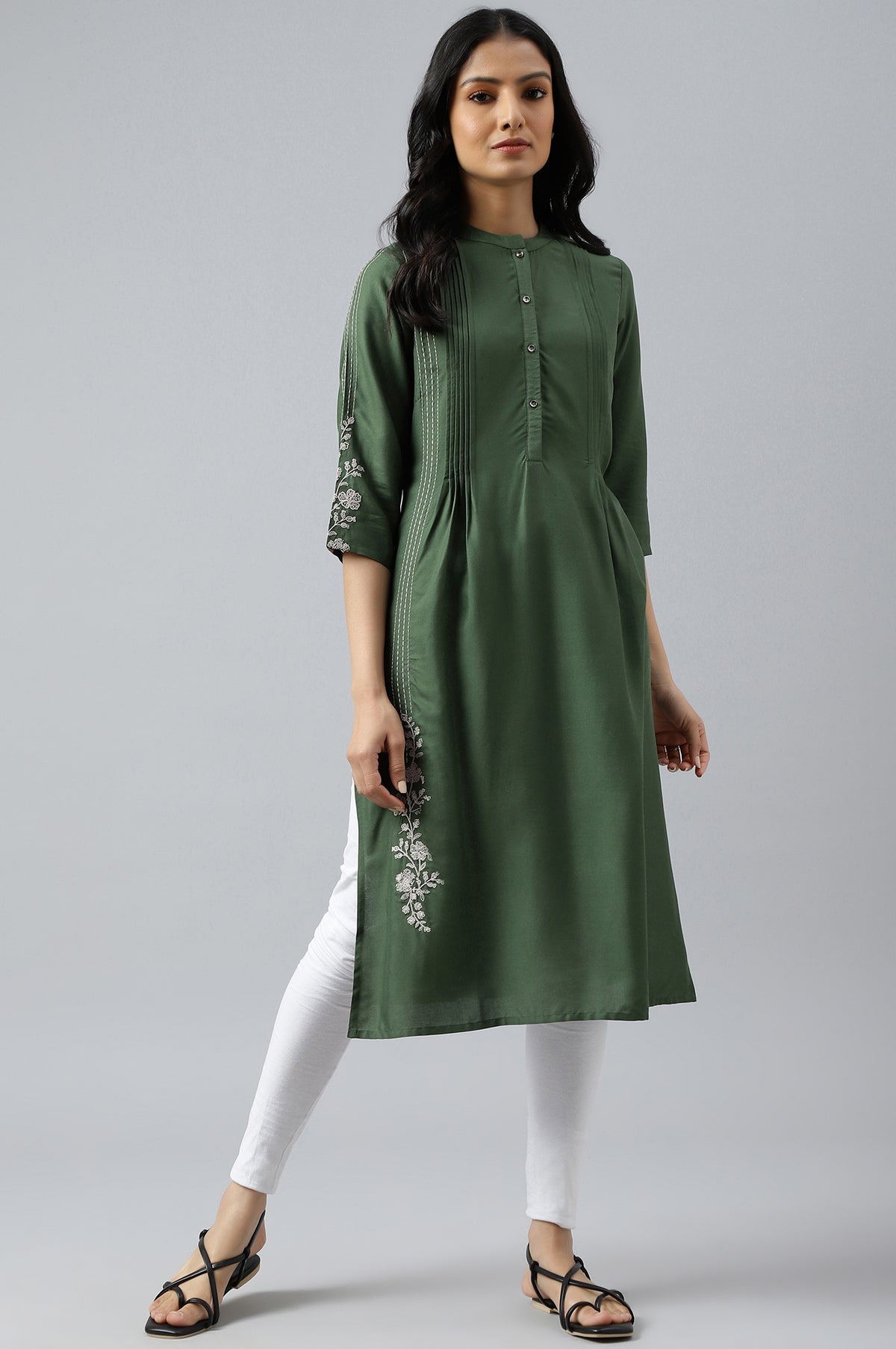 Olive Green Pleated kurta With Embroidery - XS
