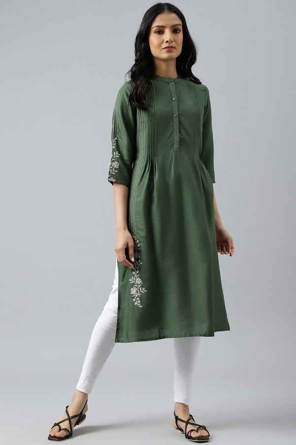Olive Green Pleated kurta With Embroidery