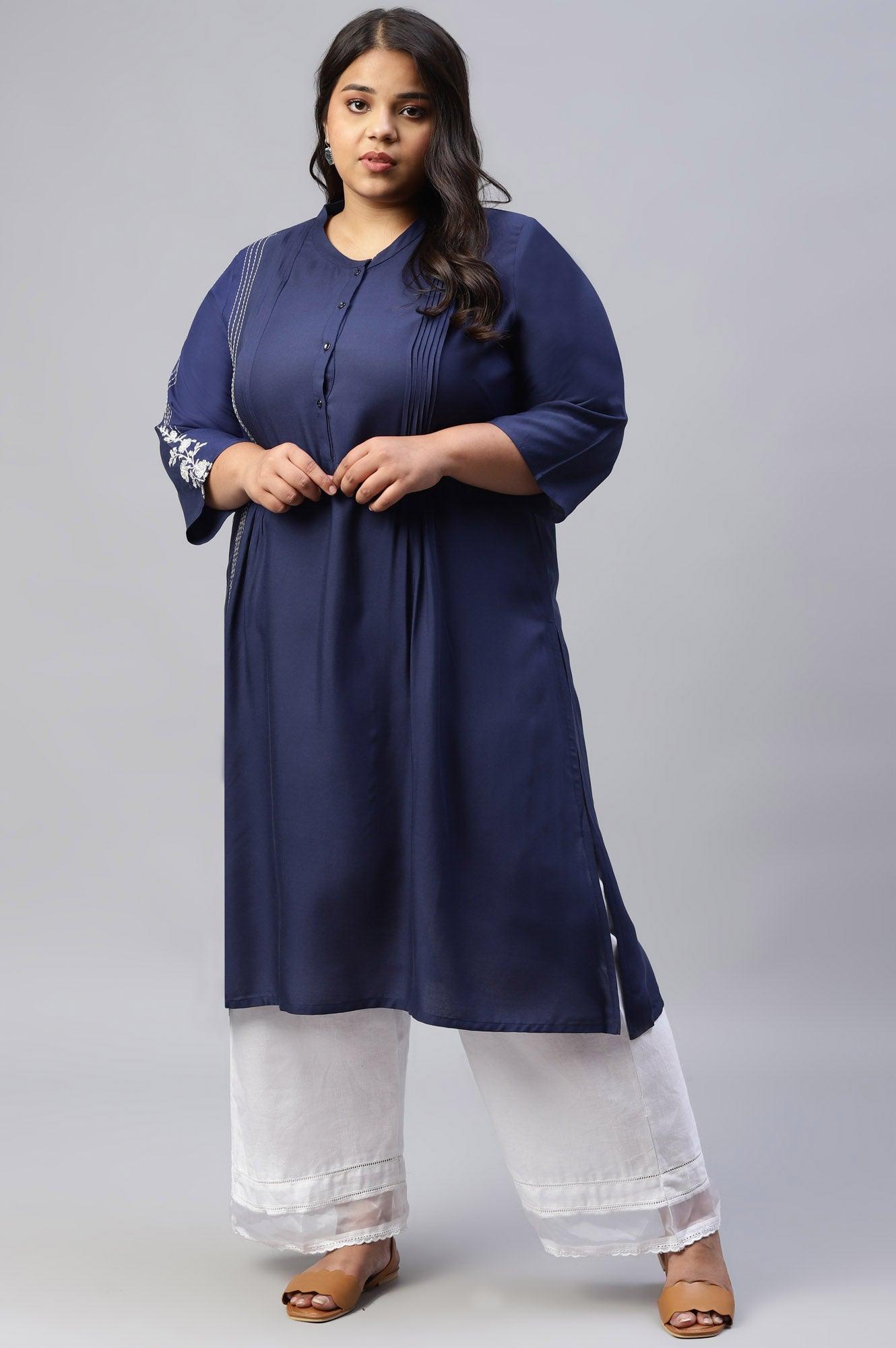 Plus Size Dark Blue Embroidered kurta With Pleats - wforwoman