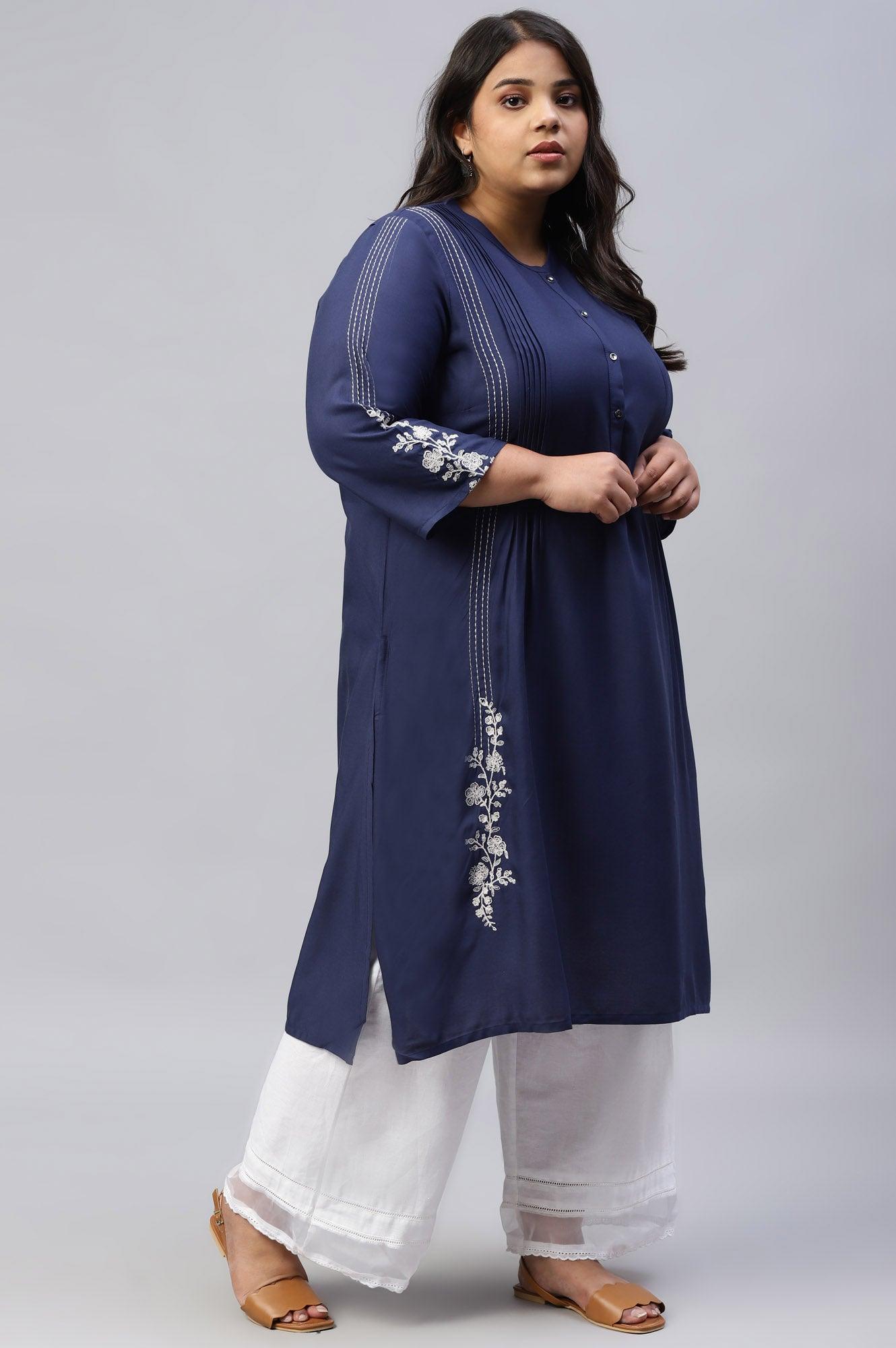 Plus Size Dark Blue Embroidered kurta With Pleats - wforwoman