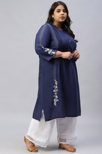 Plus Size Dark Blue Embroidered kurta With Pleats - wforwoman