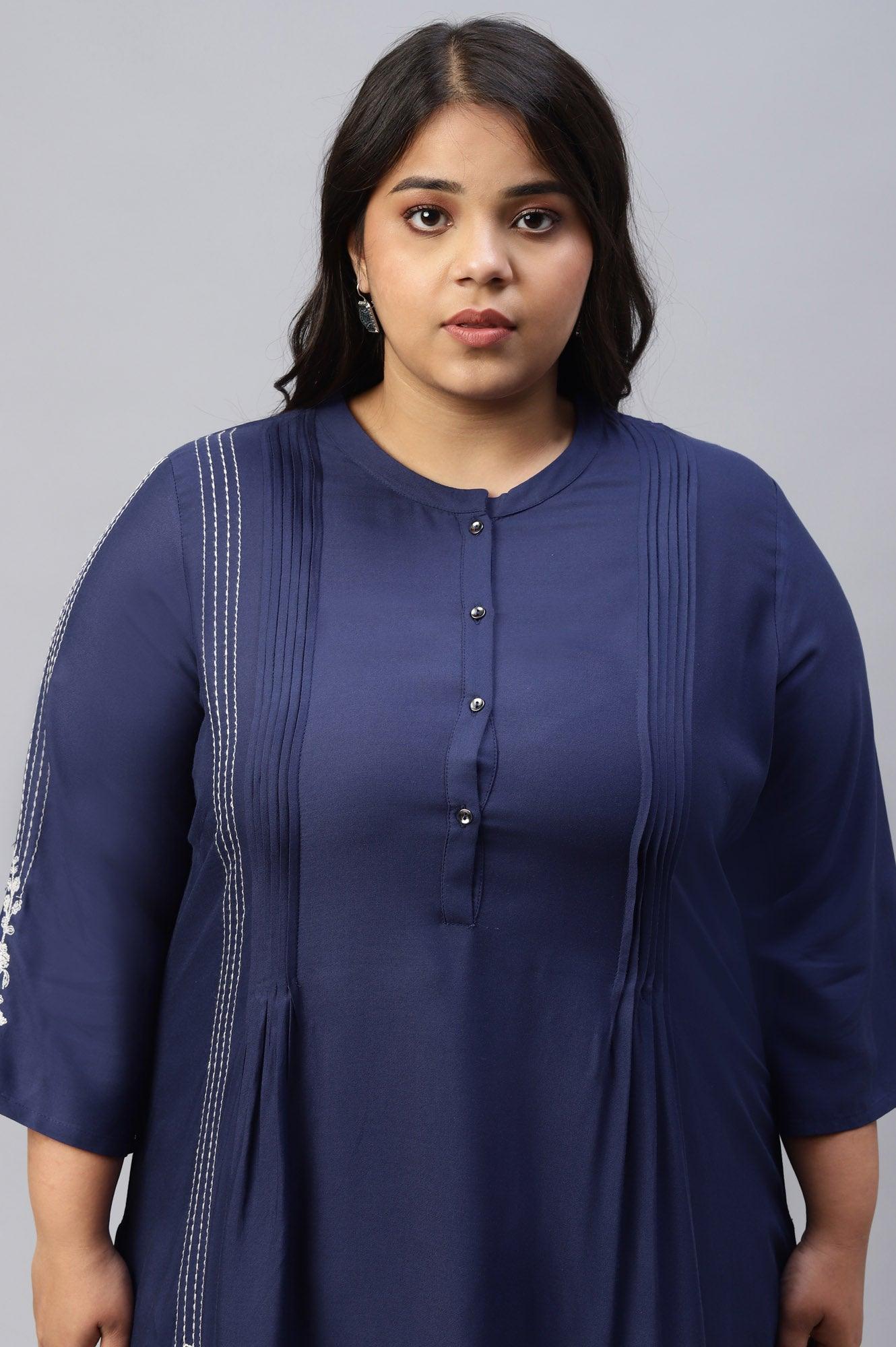 Plus Size Dark Blue Embroidered kurta With Pleats - wforwoman