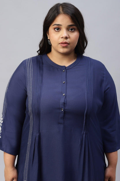Plus Size Dark Blue Embroidered kurta With Pleats - wforwoman