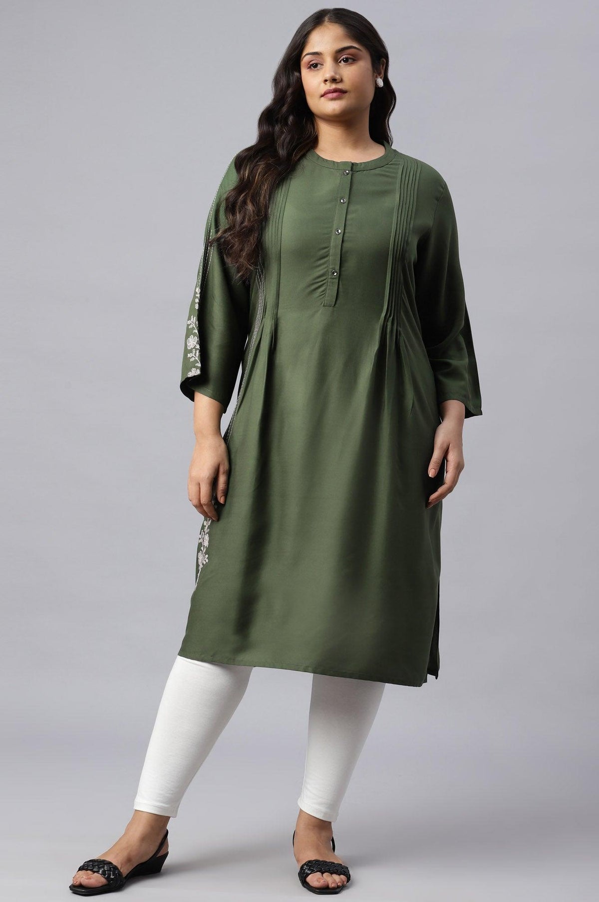 Plus Size Olive Green Pleated kurta With Embroidery - 20