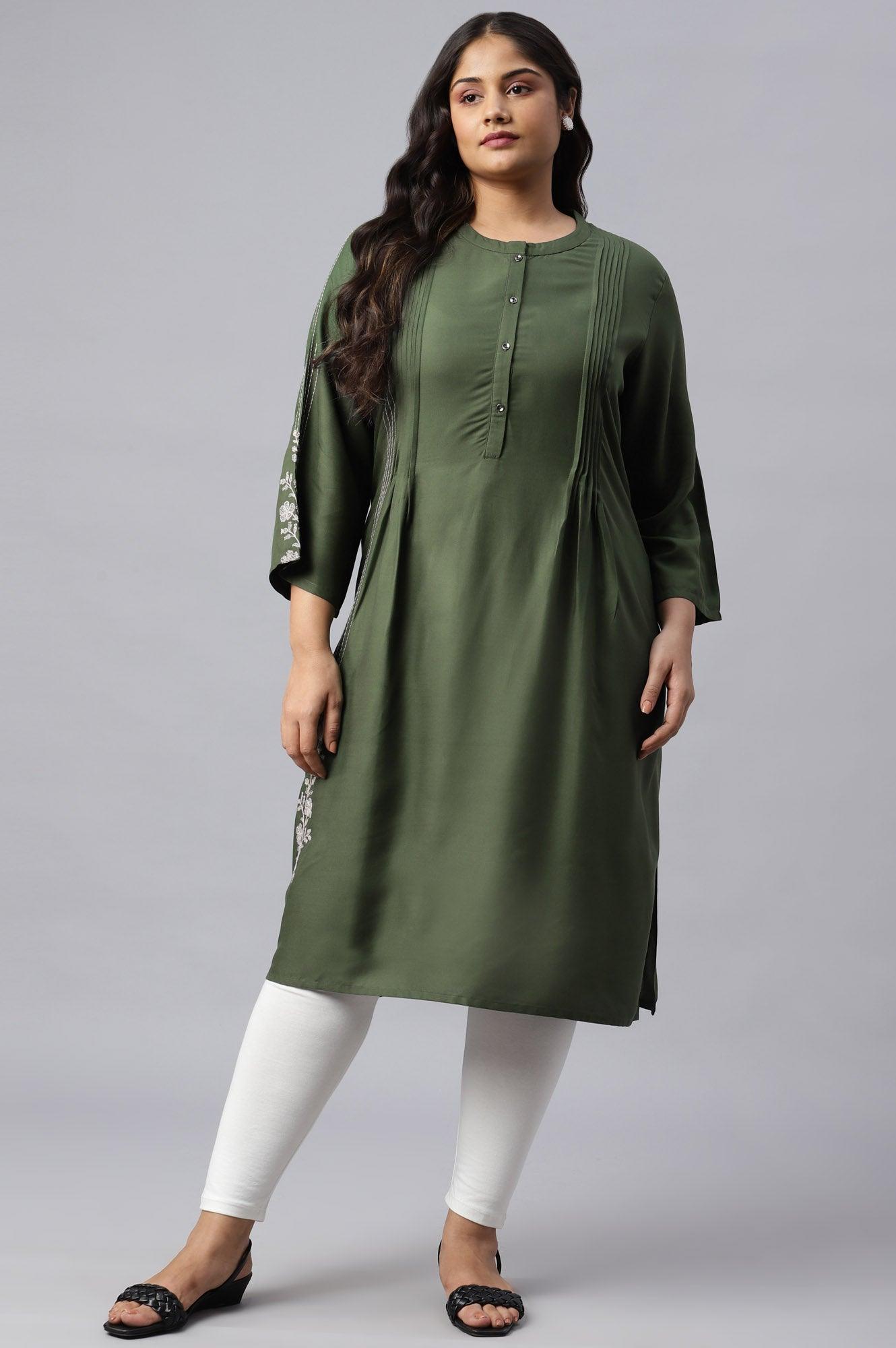 Plus Size Olive Green Pleated kurta With Embroidery - wforwoman