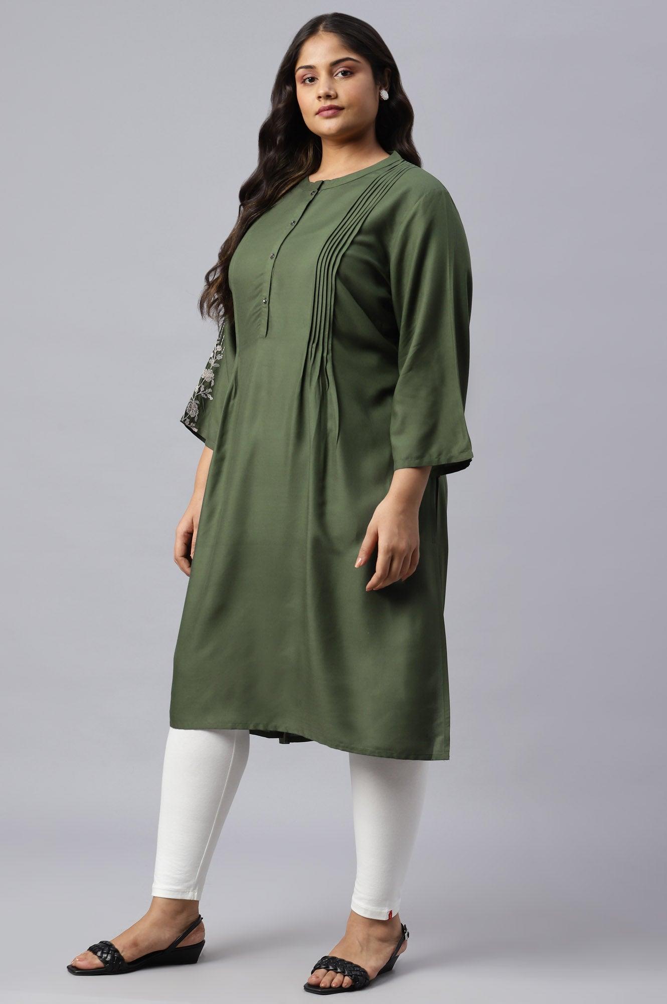 Plus Size Olive Green Pleated kurta With Embroidery - wforwoman