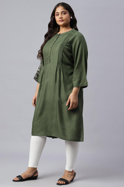 Plus Size Olive Green Pleated kurta With Embroidery - wforwoman