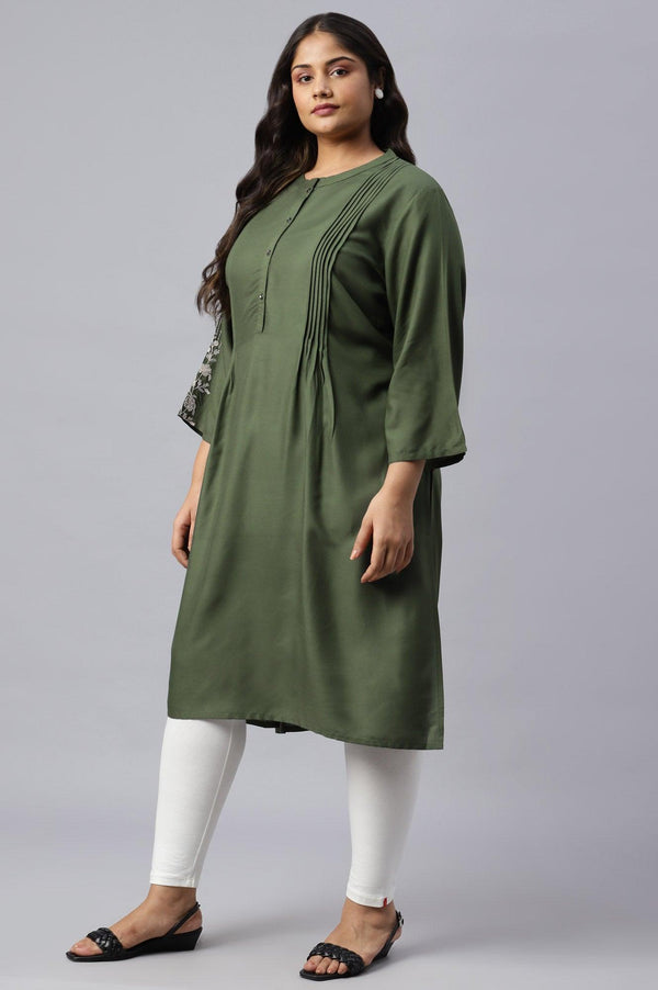 Plus Size Olive Green Pleated kurta With Embroidery