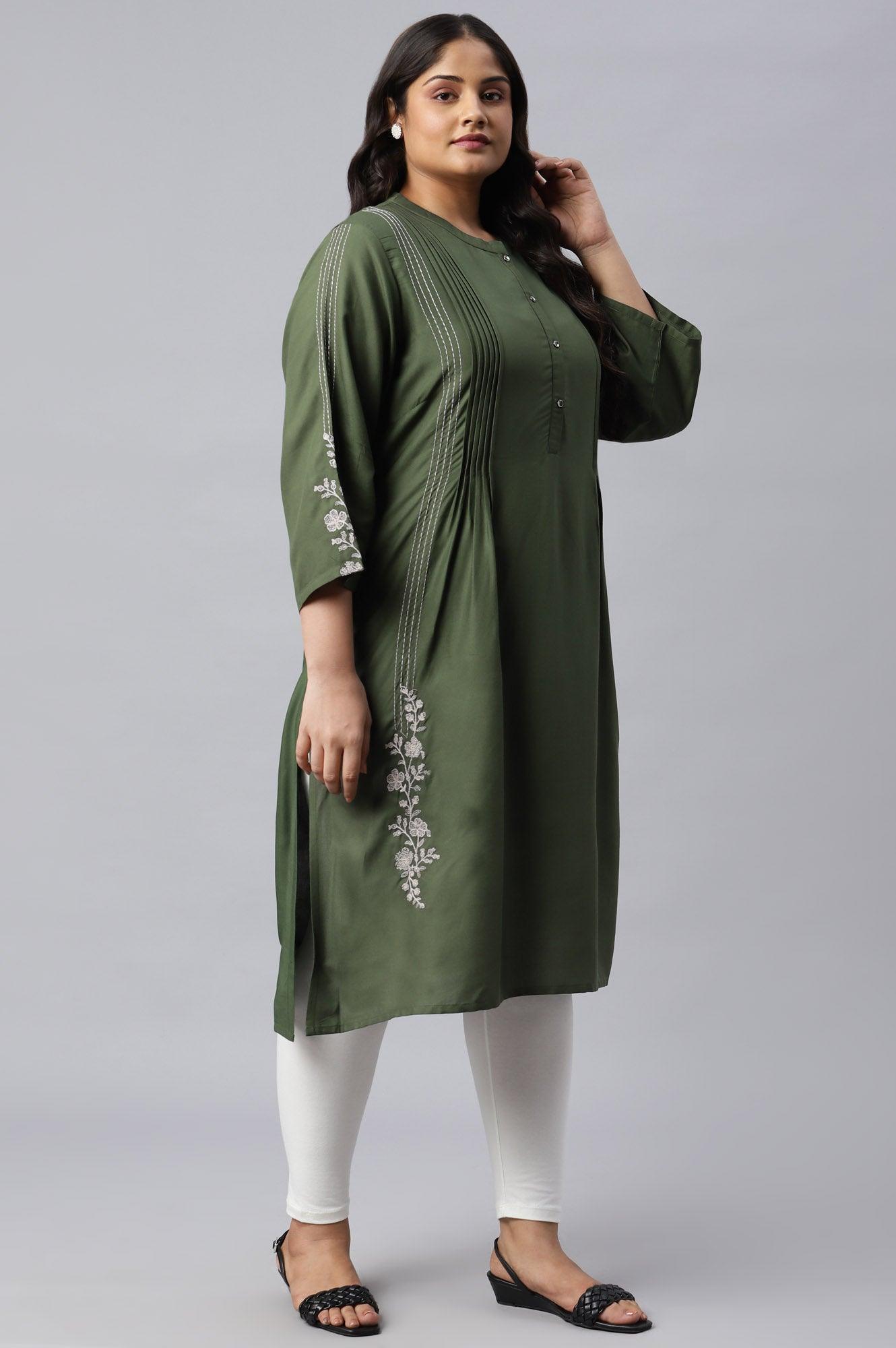 Plus Size Olive Green Pleated kurta With Embroidery - wforwoman