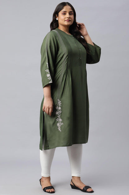 Plus Size Olive Green Pleated kurta With Embroidery - wforwoman