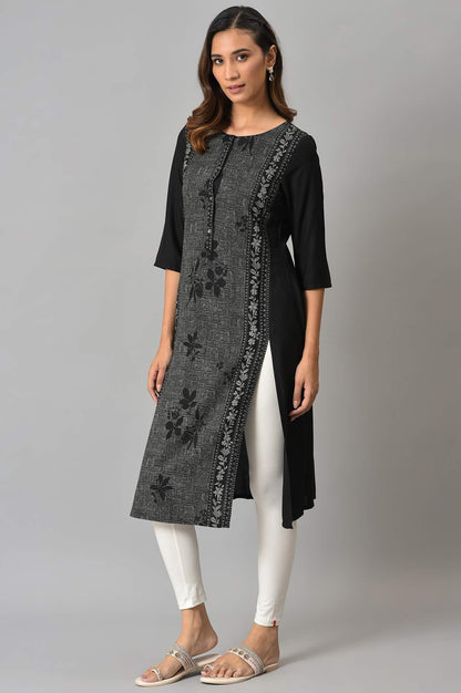 Black Panelled kurta With Front Slit - wforwoman