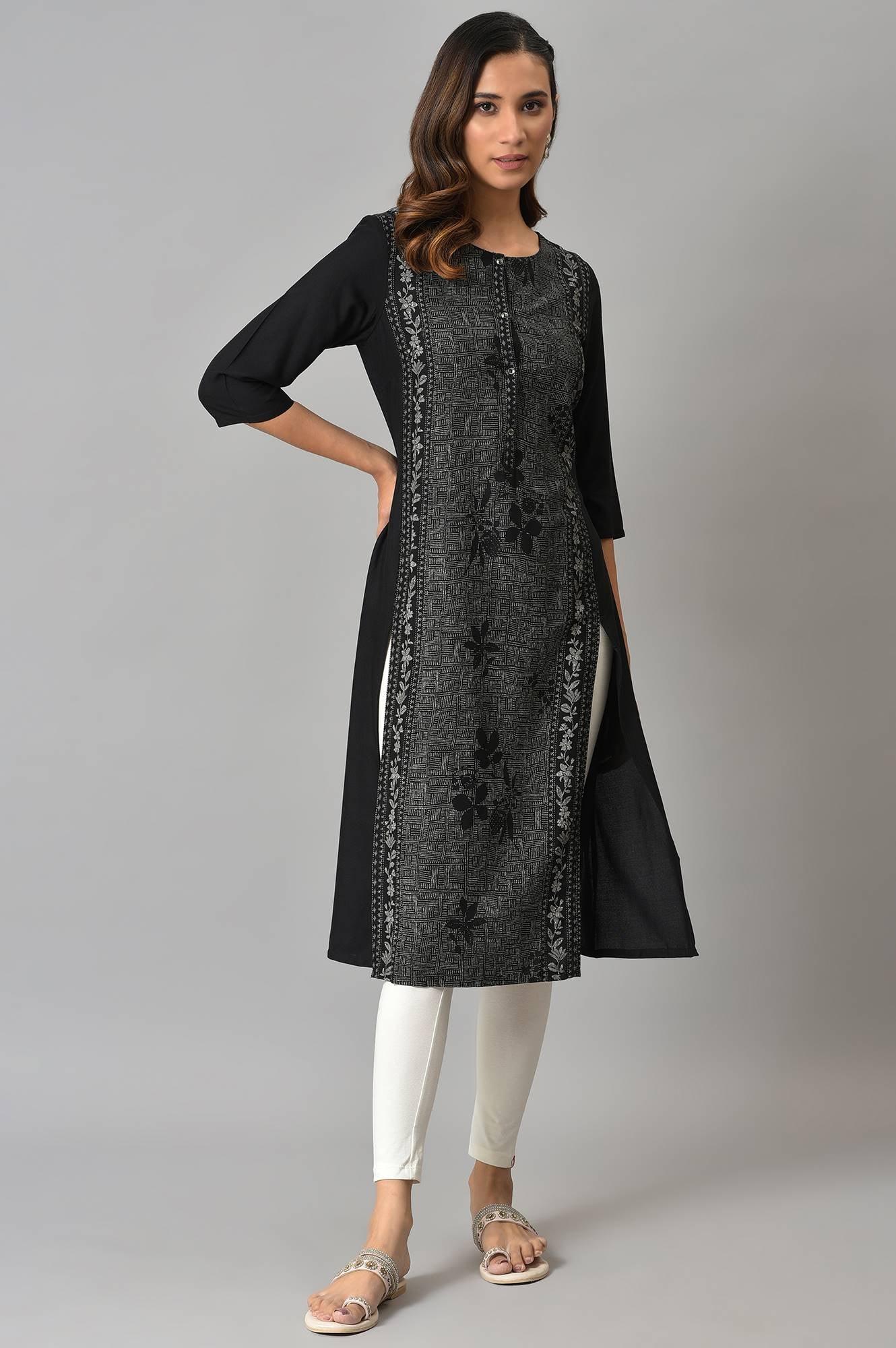 Black Panelled kurta With Front Slit - wforwoman