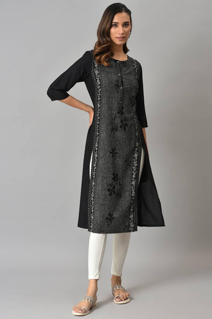 Black Panelled kurta With Front Slit - wforwoman