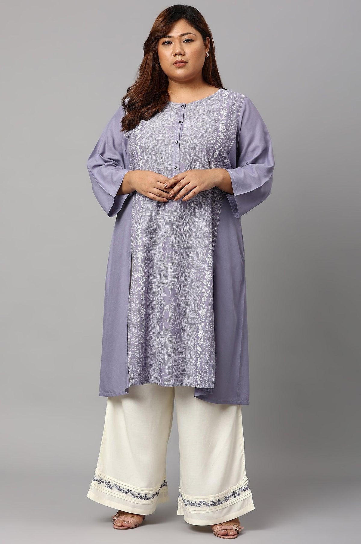 Plus Size Purple Panelled kurta With Front Slit - XS