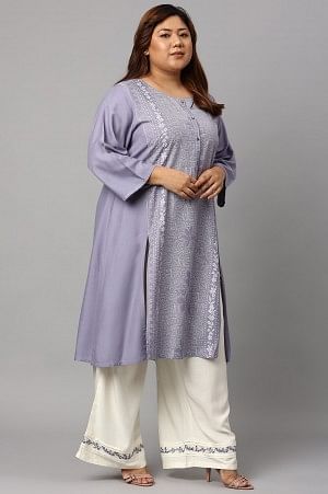 Plus Size Purple Panelled kurta with Embroidered Parallel Pants