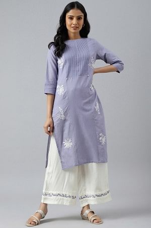 Blue Embroidered kurta with Pintuck Yoke and Ecru Embroidered Parallel Pants Set - 6