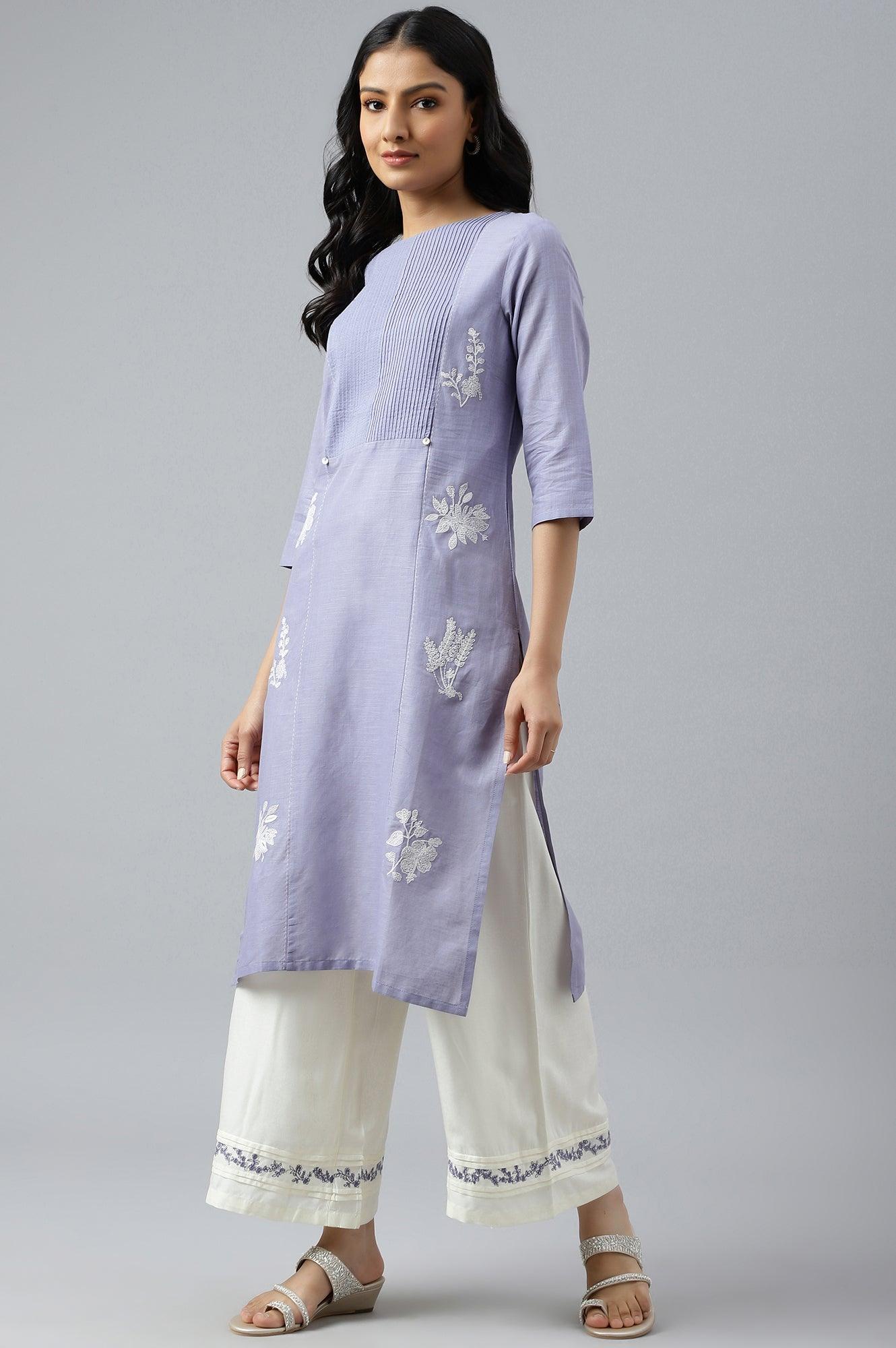 Blue Embroidered kurta With Pintuck Yoke - wforwoman