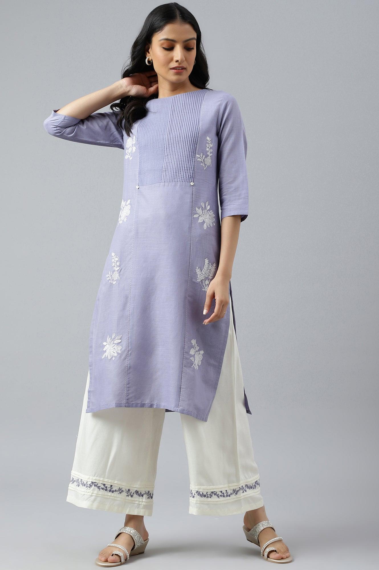Blue Embroidered kurta With Pintuck Yoke - wforwoman