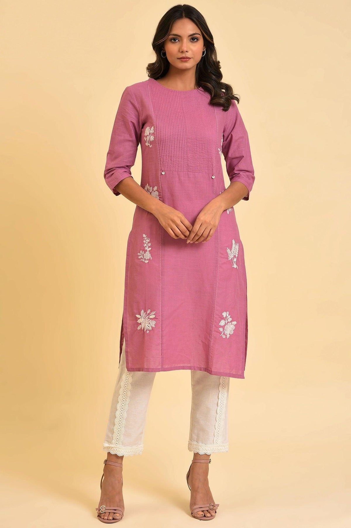 Berry Pink Embroidered kurta With Pin Tucks - XS