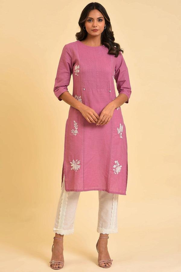 Berry Pink Embroidered kurta With Pin Tucks