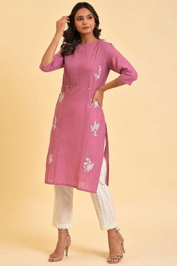 Berry Pink Embroidered kurta With Pin Tucks