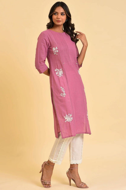 Berry Pink Embroidered kurta With Pin Tucks - wforwoman