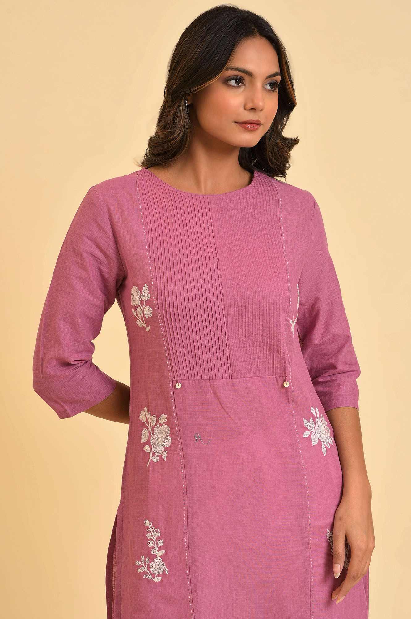 Berry Pink Embroidered kurta With Pin Tucks - wforwoman
