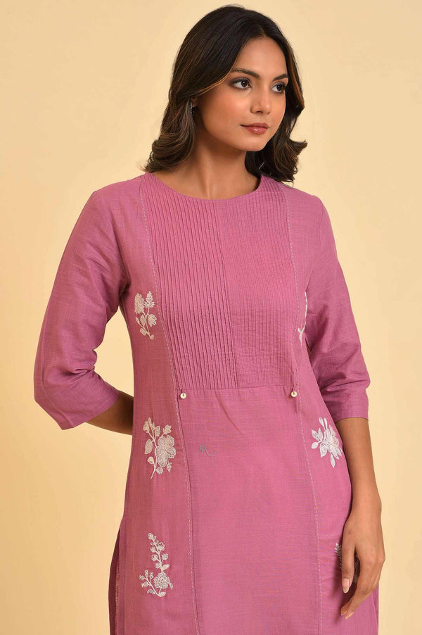 Berry Pink Embroidered kurta With Pin Tucks