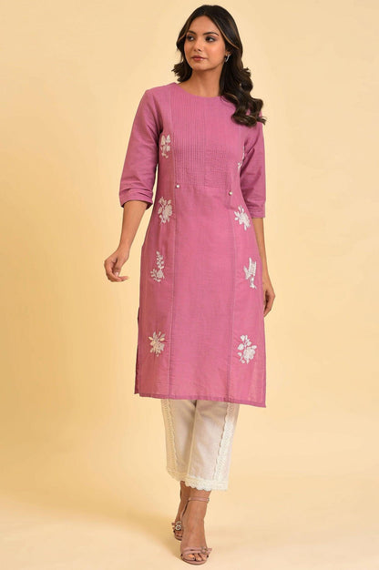 Berry Pink Embroidered kurta With Pin Tucks - wforwoman
