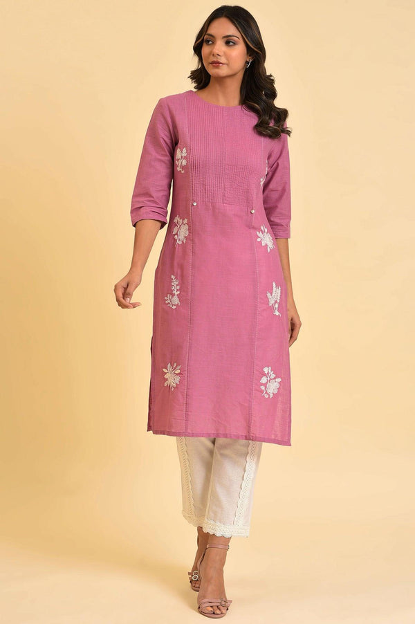 Berry Pink Embroidered kurta With Pin Tucks