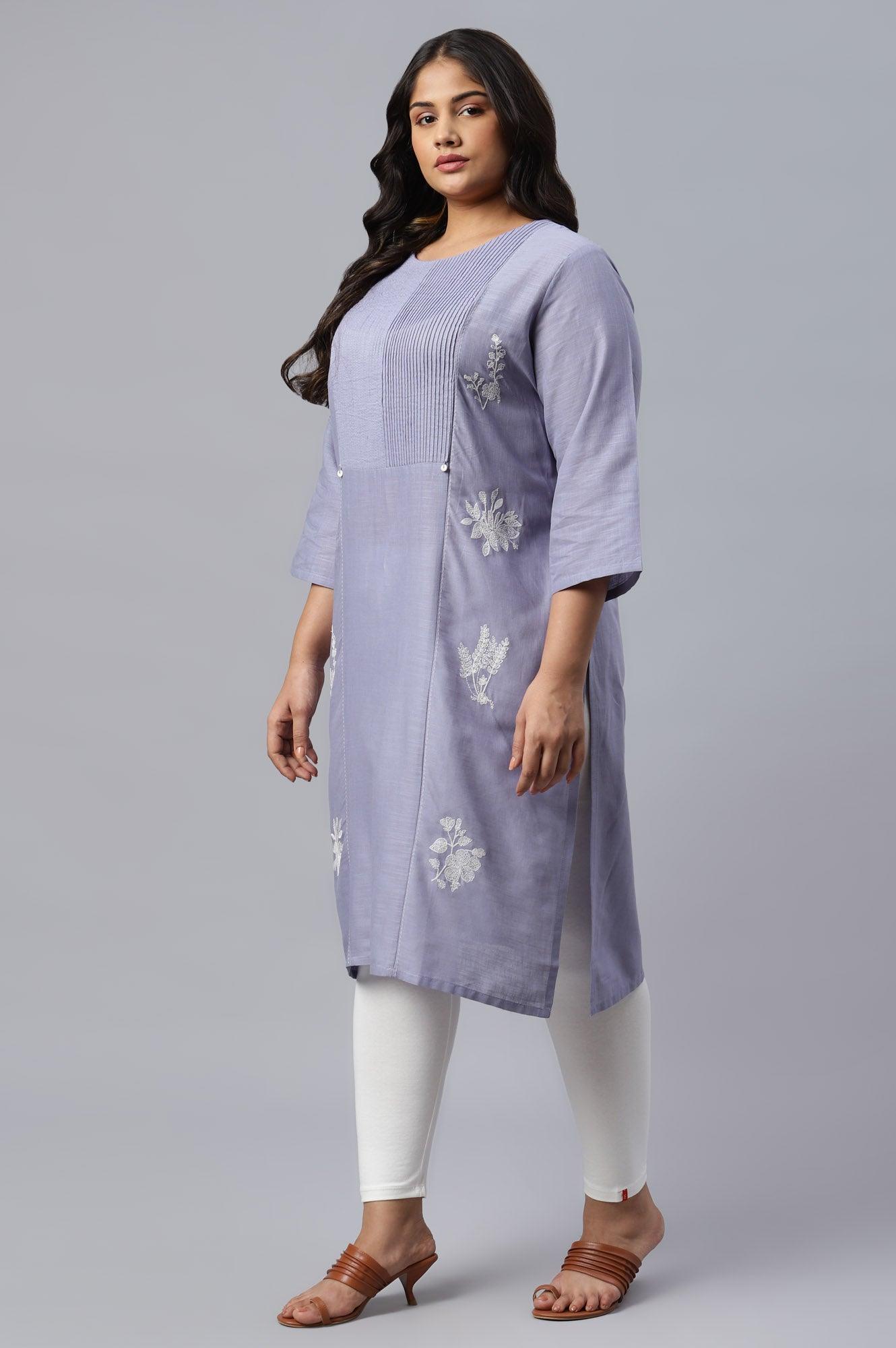 Plus Size Blue Embroidered kurta With Pintuck Yoke - wforwoman