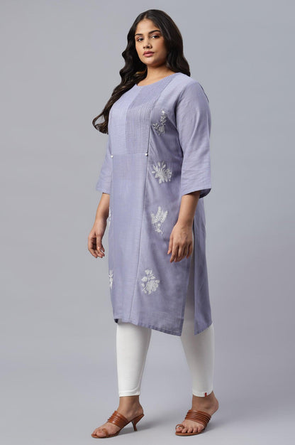 Plus Size Blue Embroidered kurta With Pintuck Yoke - wforwoman