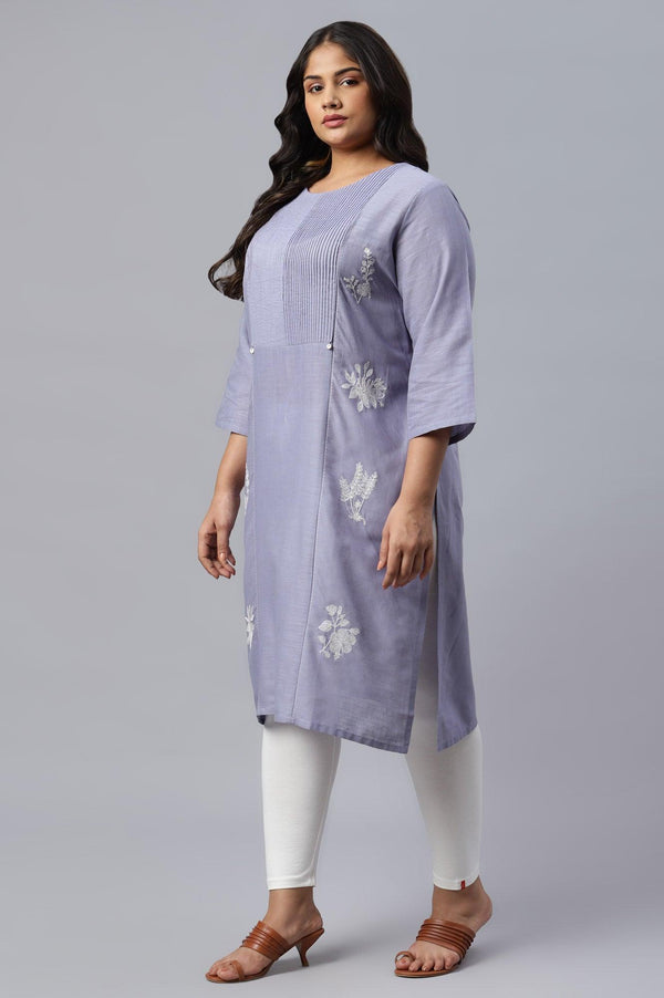 Plus Size Blue Embroidered kurta With Pintuck Yoke