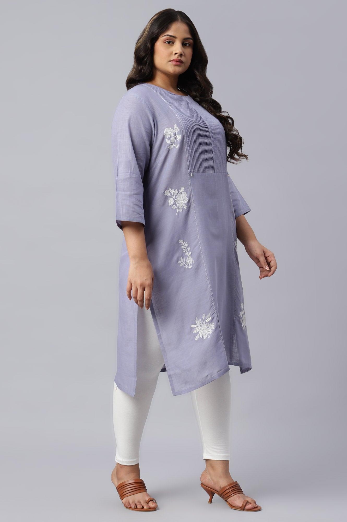 Plus Size Blue Embroidered kurta With Pintuck Yoke - wforwoman