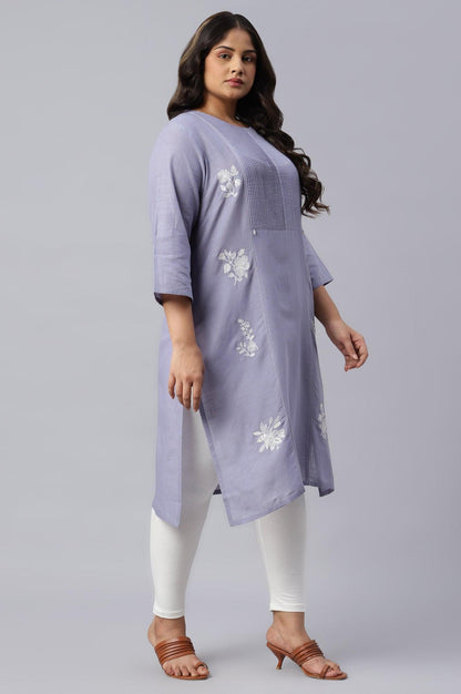 Plus Size Blue Embroidered kurta With Pintuck Yoke - wforwoman