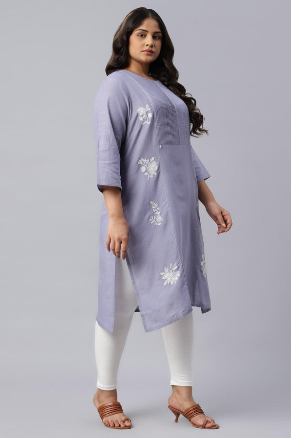 Plus Size Blue Embroidered kurta With Pintuck Yoke