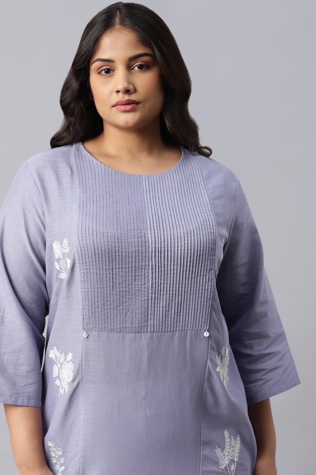 Plus Size Blue Embroidered kurta With Pintuck Yoke - wforwoman