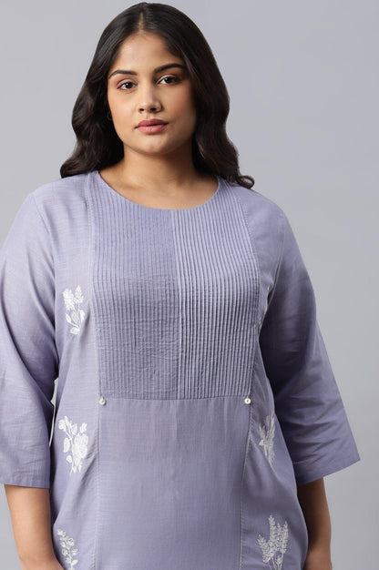 Plus Size Blue Embroidered kurta With Pintuck Yoke - wforwoman
