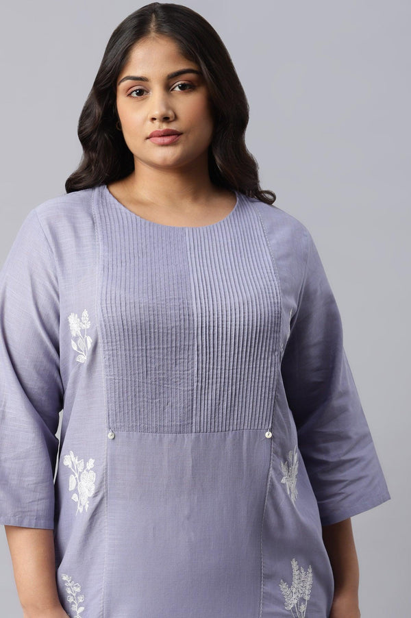 Plus Size Blue Embroidered kurta With Pintuck Yoke