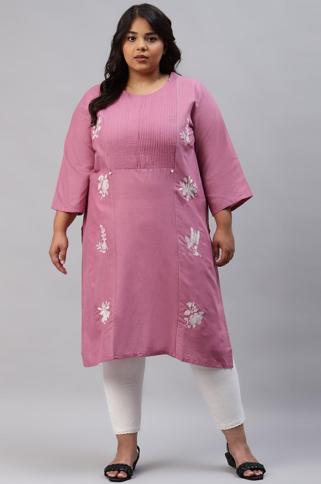 Plus Size Berry Pink Embroidered kurta With Pin Tucks - wforwoman