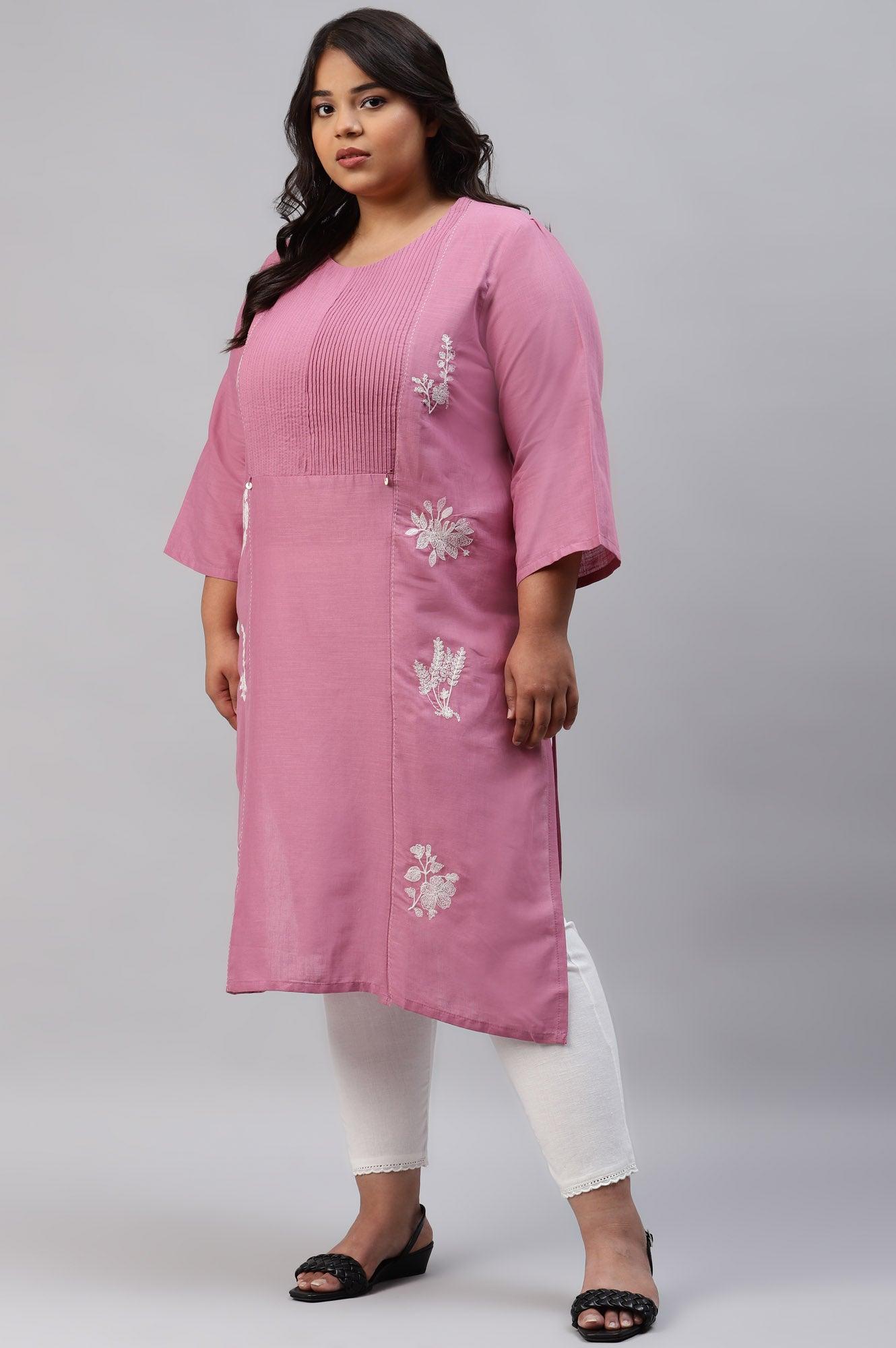 Plus Size Berry Pink Embroidered kurta With Pin Tucks - wforwoman