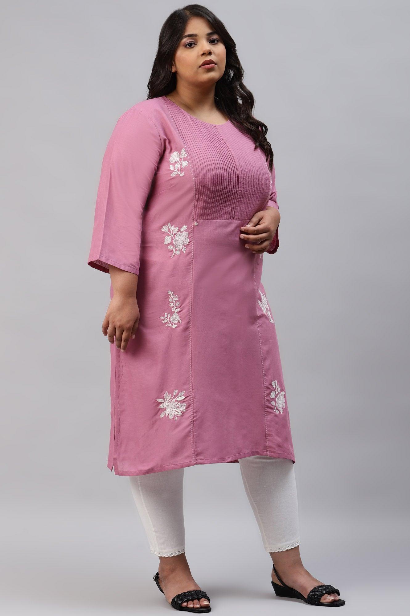 Plus Size Berry Pink Embroidered kurta With Pin Tucks - wforwoman