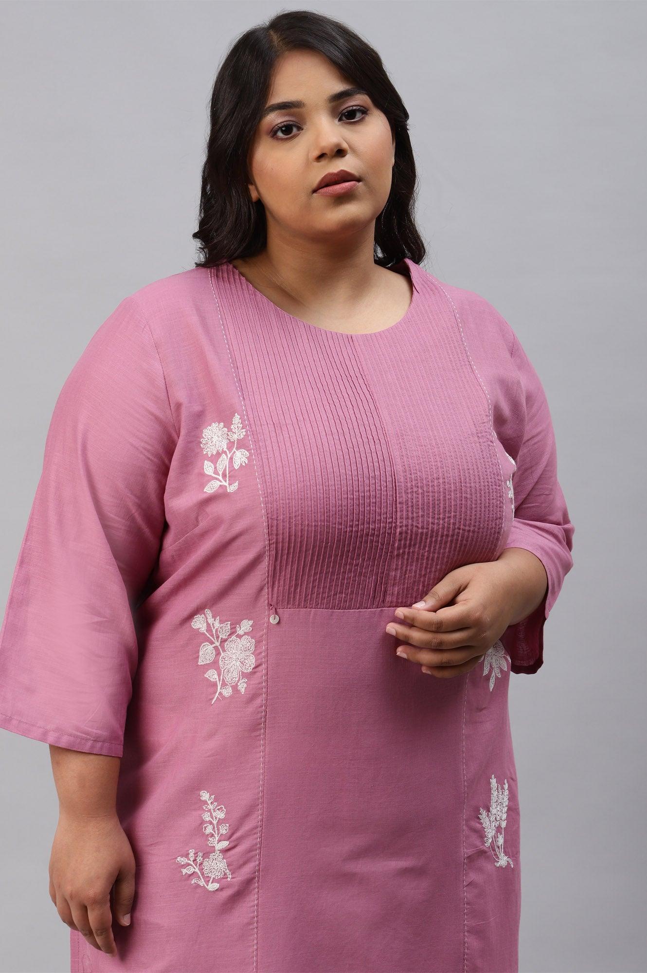 Plus Size Berry Pink Embroidered kurta With Pin Tucks - wforwoman