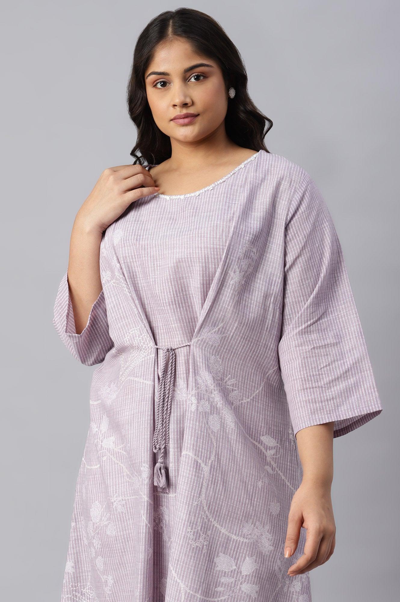 Plus Size Lilac Embroidered Mock Layer kurta - wforwoman