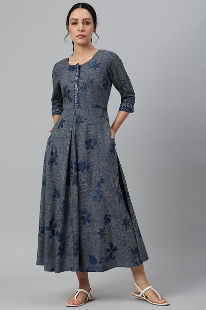 Blue Floral Printed Flared Indie Dress - wforwoman