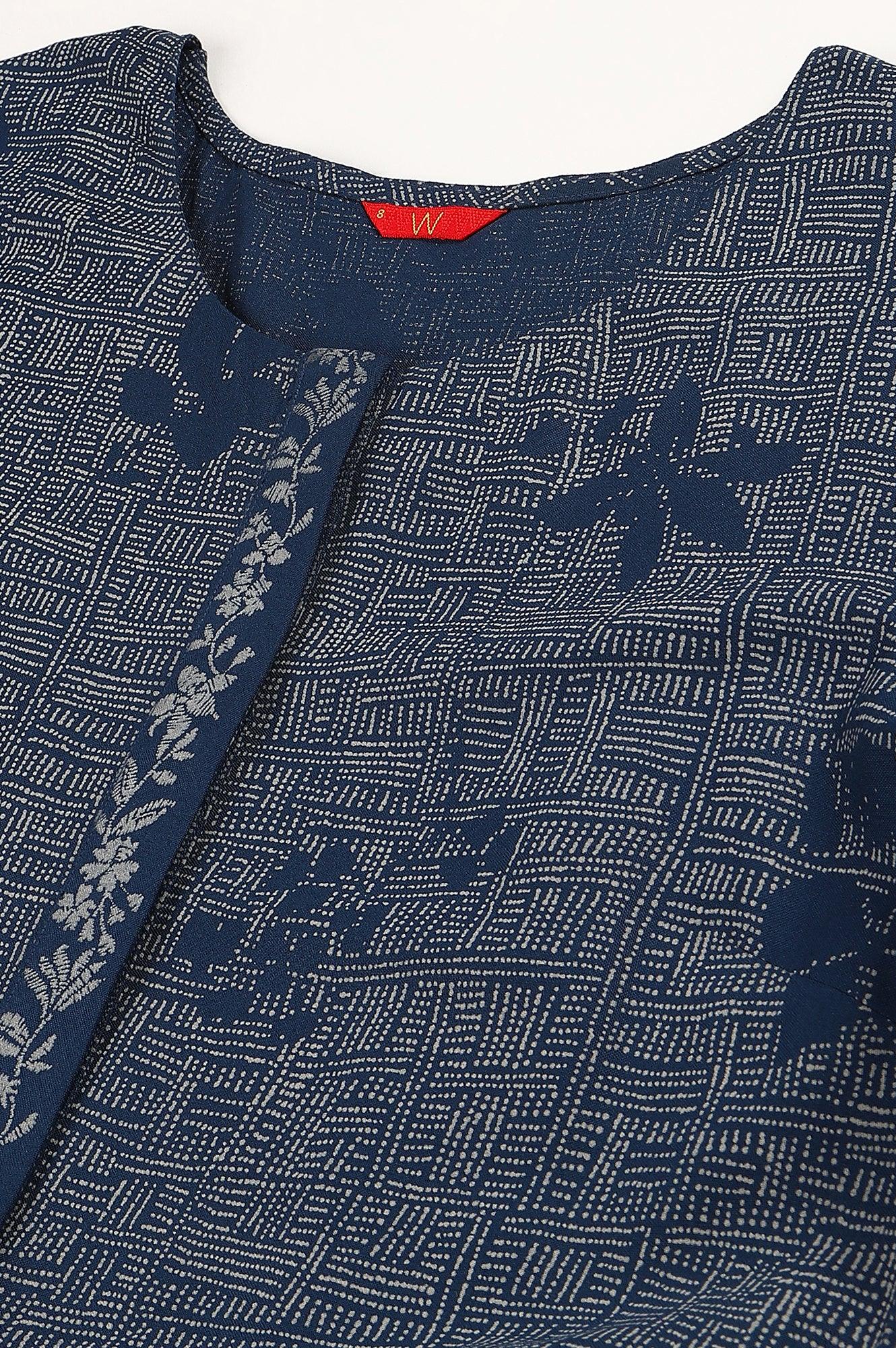 Blue Floral Printed Flared Indie Dress - wforwoman