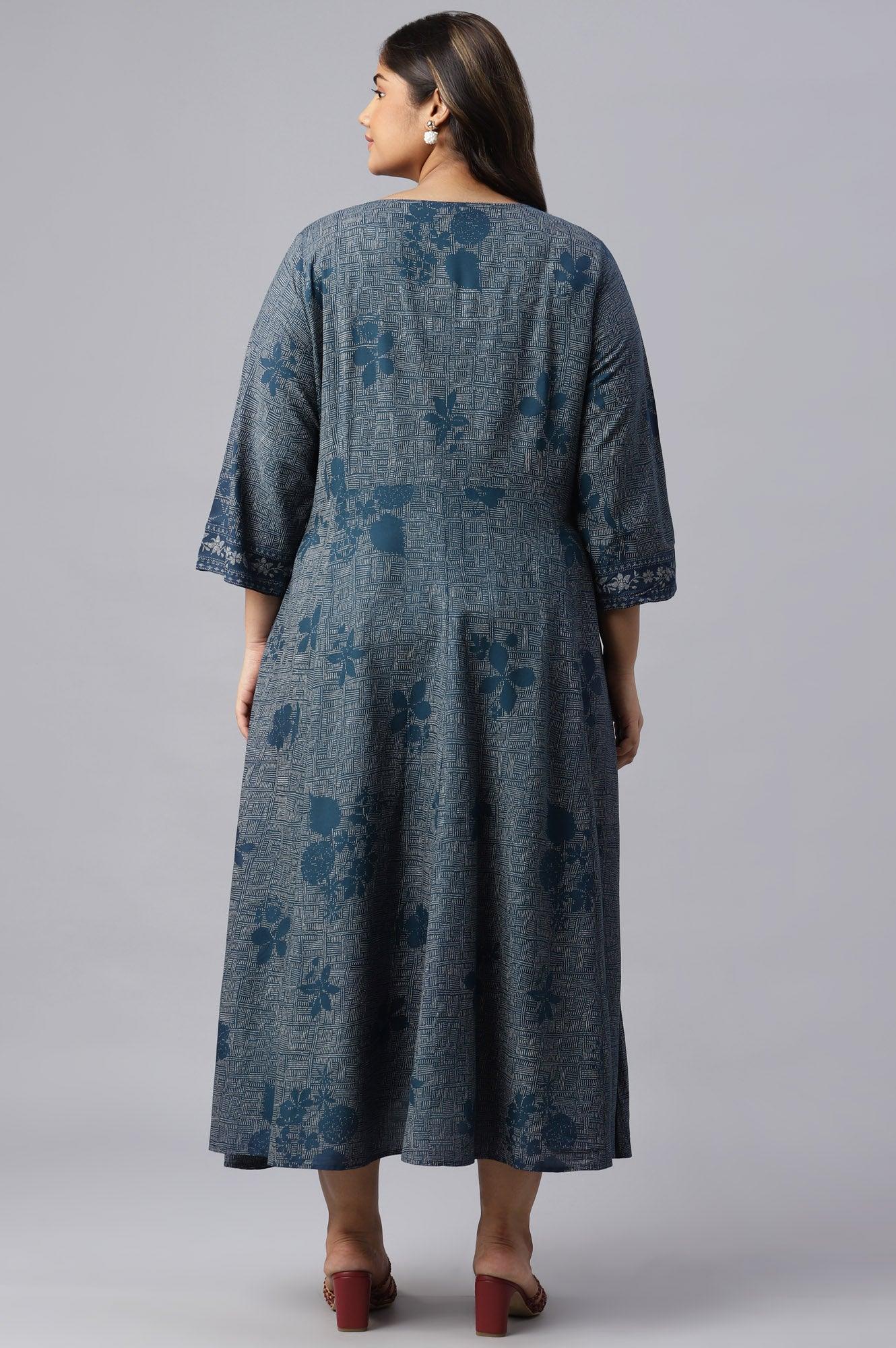 Plus Size Blue Floral Printed Flared Indie Dress - wforwoman