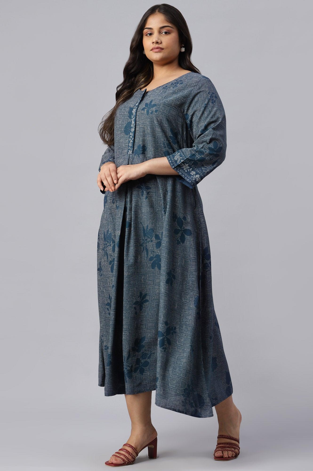 Plus Size Blue Floral Printed Flared Indie Dress - wforwoman