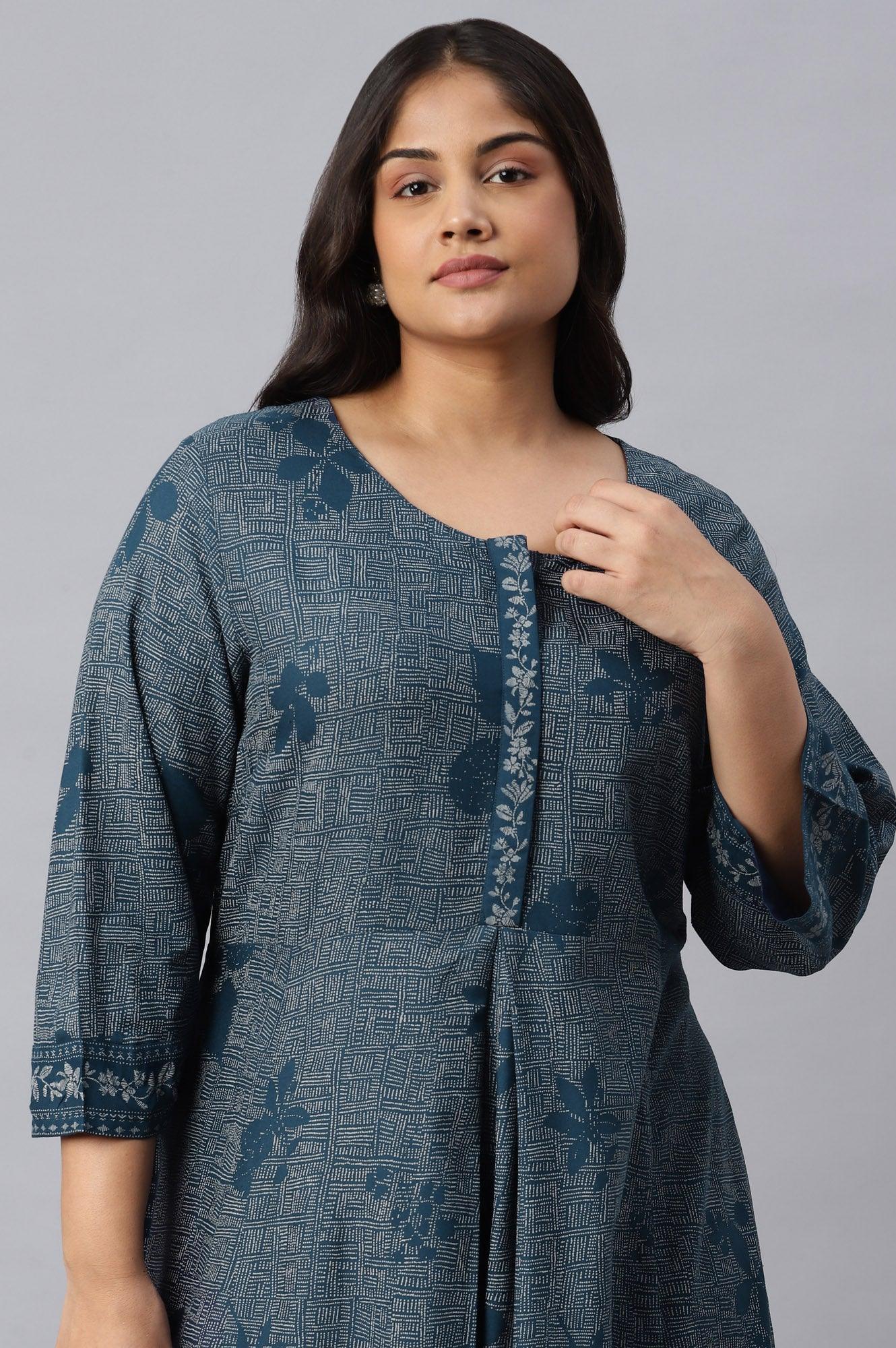 Plus Size Blue Floral Printed Flared Indie Dress - wforwoman