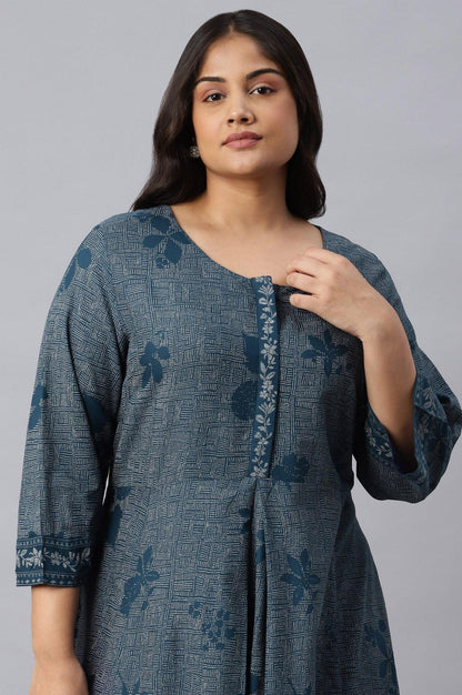 Plus Size Blue Floral Printed Flared Indie Dress - wforwoman